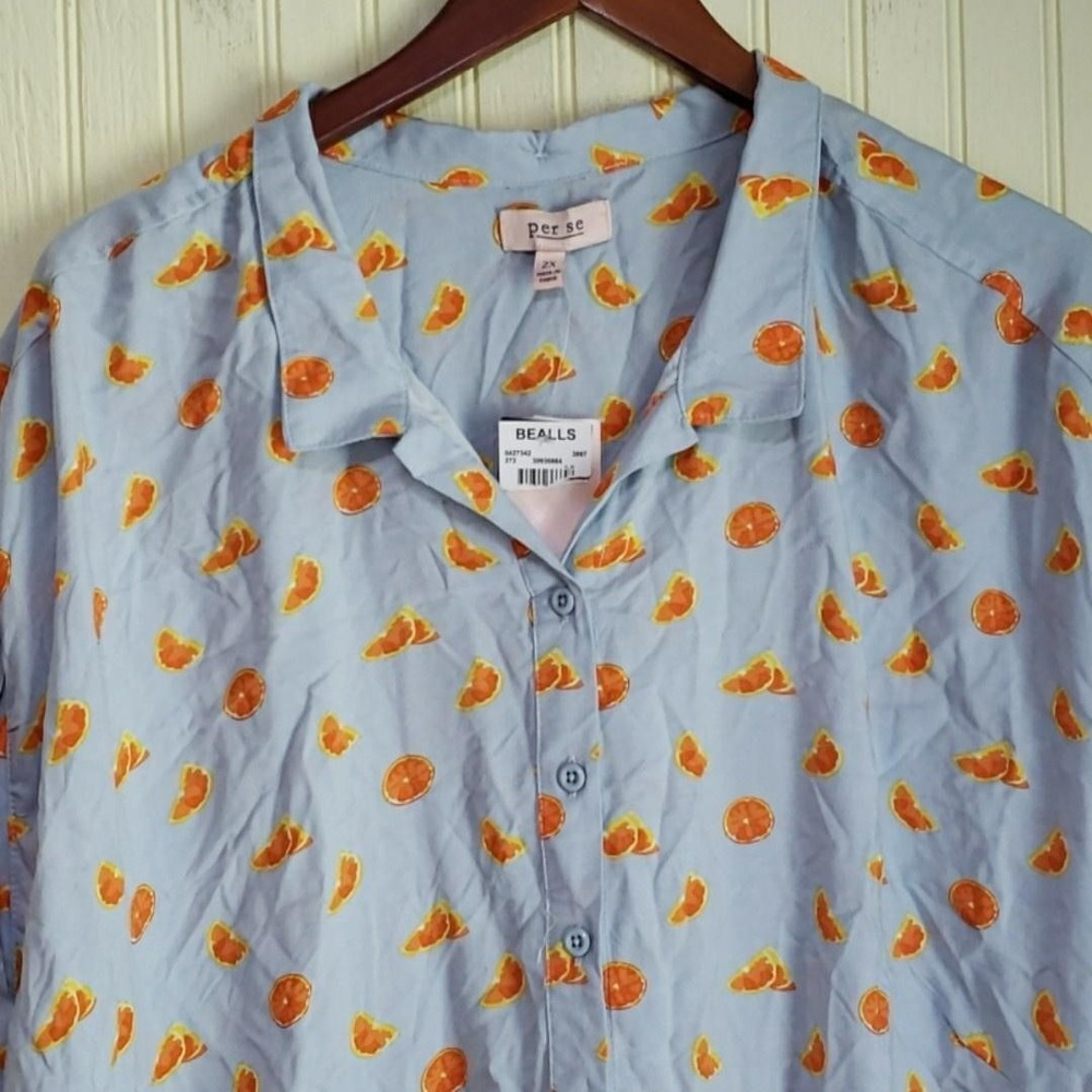 Per Se Button Up Shirt Womens 2X Plus Blue Collared Short Sleeve Citrus Tunic